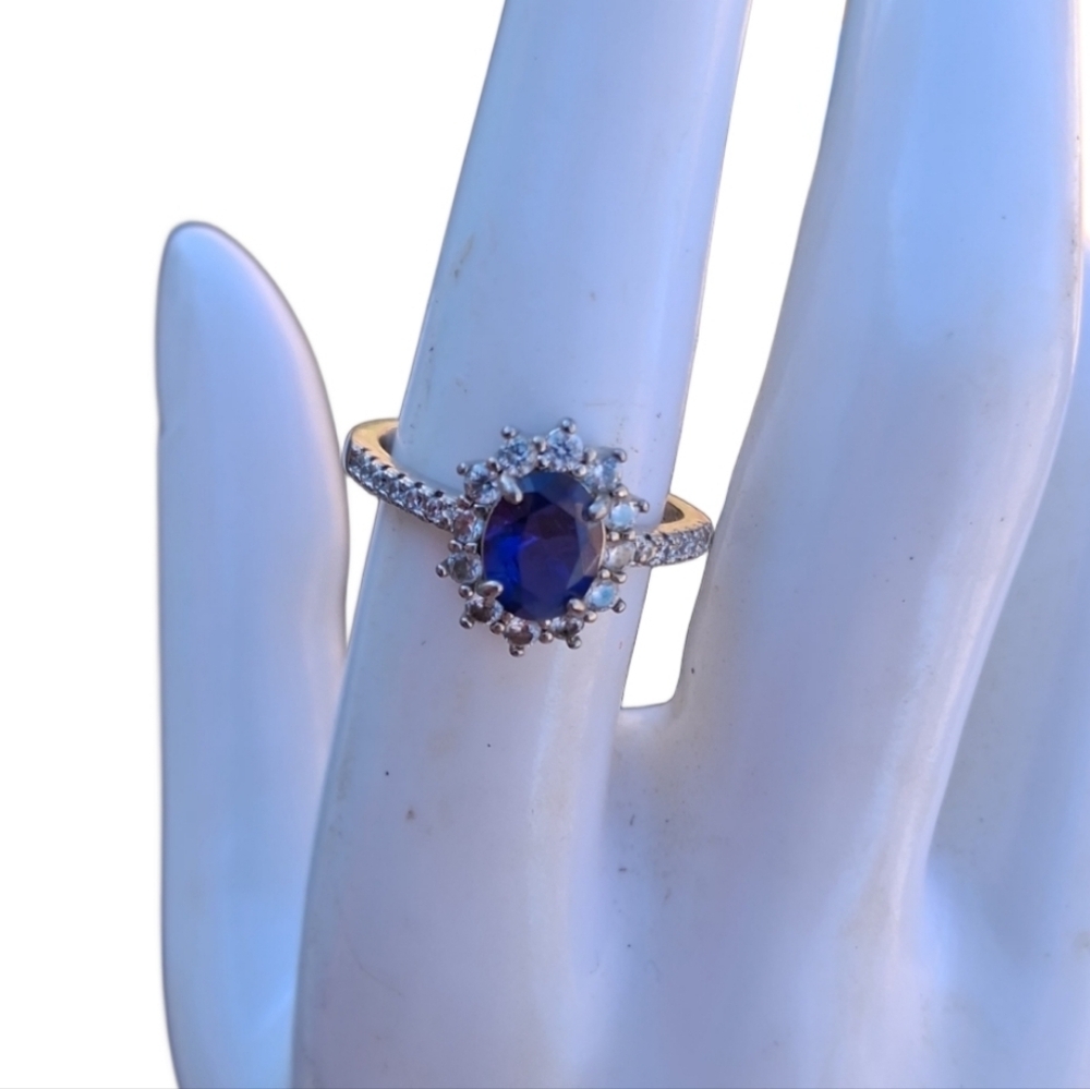 IBB CN Royal Blue Halo Ring - Oval Faux Sapphire & CZ - Size 7